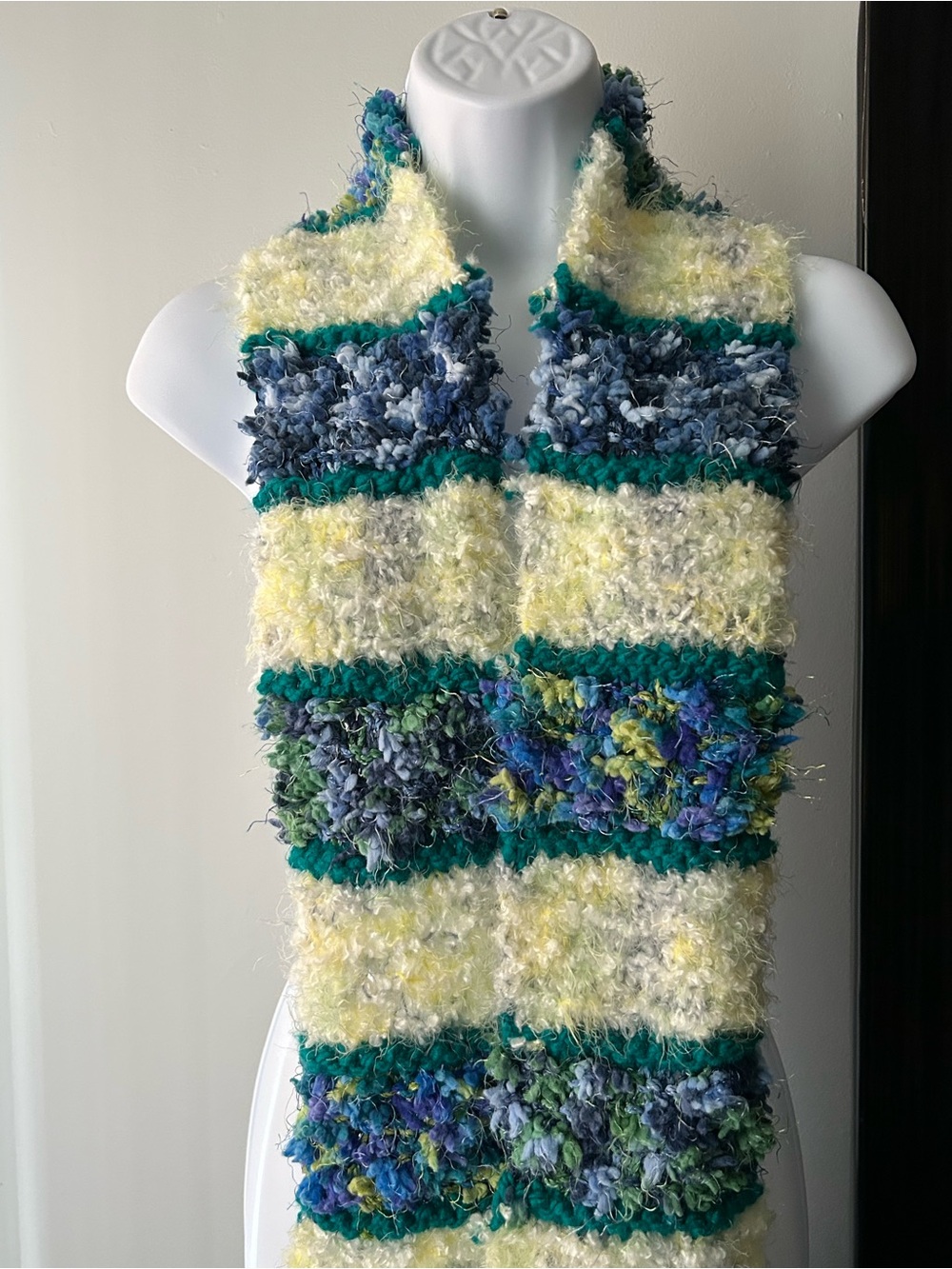 Cozy Handcrafted Striped Scarf in Cream, Teal & Blue